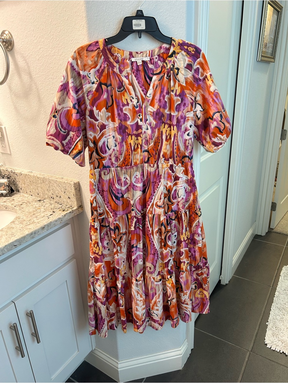 Chicos Vibrant Pink Orange Paisley Tiered Dress